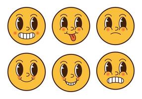 Set of retro smile stickers. Groovy collection different emotions. 70s vibe art. emoji in vintage style. vector