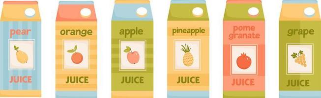 jugo de manzana, pera, naranja, piña, granada, uva en paquete. juego de seis paquetes de jugos de frutas. ilustración vectorial en estilo plano. vector