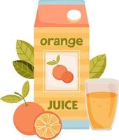 Pack of orange juice with citrus fruit, glass of juice and leaves. Natural orange juice in a glass. Healthy organic food. Citrus fruit. Vector illustration in flat style. White background.