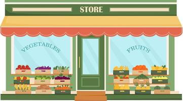 Fruit and vegetable store facade. Fresh organic food products. Fruit and vegetable in boxes. Farm products. Cucumber, tomato, potato, carrot, corn, banana, apple, pear, melon. Vector illustration.