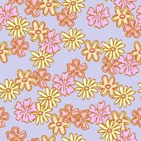 Hand drawn doodle purple seamless wallpaper with pink, yellow flowers. Cute vector pattern for paper, fabric, book, bedroom, children.