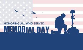 Soldiers silhouette saluting the USA flag for memorial day. Poster or banners illustration. USA flag as a background.