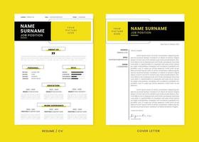 Minimalis CV Resume and Cover Letter Design Template. Super Clean and Clear Professional Modern Design. Stylish Minimalis Elements and Icons with Black and Yellow Color - Vector Template.