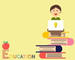 Education concept. There are red apple, books, a boy with his laptop for your design about exam, final and entrance. Cute Cartoon vector design