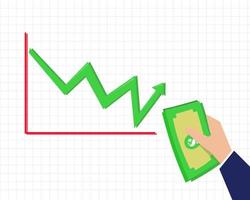 concepto de finanzas e inversiones. hay gestión de dinero en la mano y gráfico de crecimiento financiero verde. estilo de vector de dibujos animados para su diseño