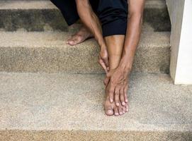 Close-up of both hands holding the back of their feet. photo