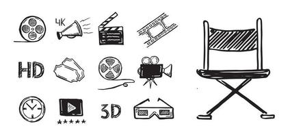 Cinema decorative symbols set, doodle style, vector hand drawn.