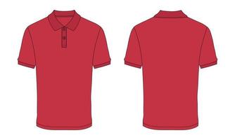 Short Sleeve Polo shirt Fashion Flat sketch vector illustration Red color template Front And Back views isolated on white background.