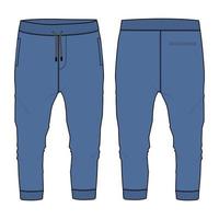 Fleece cotton jersey basic jogger Sweatpant technical fashion flat sketch vector illustration  Navy blue Color template front and back views isolated on white background.