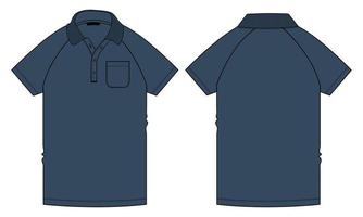 manga corta raglán polo camisa moda técnica boceto plano vector ilustración plantilla de color azul marino vistas frontal y posterior aisladas sobre fondo blanco.