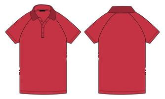Camiseta polo raglán de manga corta técnica moda dibujo plano vector ilustración plantilla de color rojo vistas frontal y posterior aisladas sobre fondo blanco.