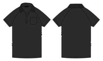 manga corta raglán polo camisa técnica moda plano dibujo vector ilustración negro color plantilla vistas frontal y posterior aisladas sobre fondo blanco.