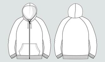 Long sleeve Hoodie technical fashion flat sketch vector illustration template front and back views.