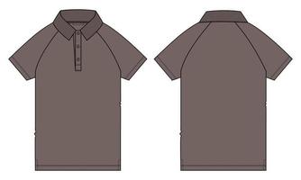 Camiseta polo raglán de manga corta técnica de moda dibujo plano ilustración vectorial plantilla de color caqui vistas frontal y posterior. vector