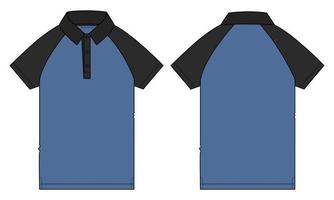 Dos tonos de color negro y azul raglán manga corta polo camiseta moda técnica dibujo plano vector ilustración plantilla vistas frontal y trasera aisladas sobre fondo blanco.