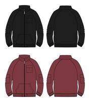 Long sleeve jacket  technical fashion flat sketch vector illustration Red and Black color template Front and back views.