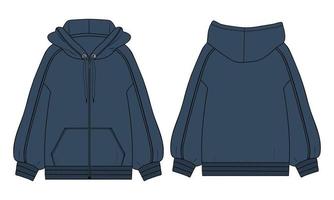 Long sleeve Hoodie technical fashion flat sketch vector illustration Navy blue Color template front and back views.