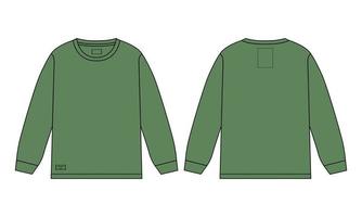 Long sleeve t shirt Technical Fashion flat sketch vector illustration Green color template Template Front and back views Isolated on white background.