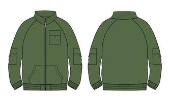 Long sleeve jacket  technical fashion flat sketch vector illustration Green Color template Front and back views.