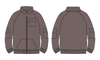 Long sleeve jacket  technical fashion flat sketch vector illustration Khaki Color template Front and back views.