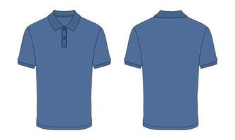 Short Sleeve Polo shirt Fashion Flat sketch vector illustration Blue color template Front And Back views isolated on white background.