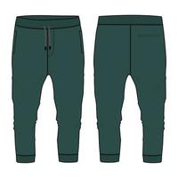 jersey de algodón de vellón jogger básico pantalón de chándal moda técnica croquis plano ilustración vectorial plantilla de color verde oscuro vistas frontal y posterior aisladas en fondo blanco. vector