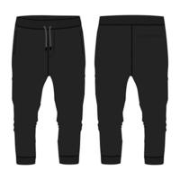Fleece cotton jersey basic jogger Sweatpant technical fashion flat sketch vector illustration   Black Color template front and back views isolated on white background.