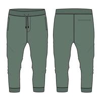 jersey de algodón de vellón jogger básico pantalón de chándal moda técnica croquis plano ilustración vectorial plantilla de color verde vistas frontal y posterior aisladas en fondo blanco. vector