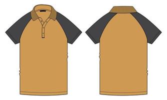 Dos tonos de color negro y amarillo raglán manga corta polo camiseta moda técnica dibujo plano vector ilustración plantilla vistas frontal y trasera aisladas sobre fondo blanco.