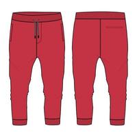 jersey de algodón de vellón jogger básico pantalón de chándal moda técnica croquis plano ilustración vectorial plantilla de color rojo vistas frontal y posterior aisladas en fondo blanco. vector