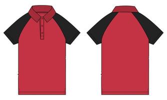 Dos tonos de color negro y rojo raglán manga corta polo camiseta moda técnica dibujo plano vector ilustración plantilla vistas frontal y posterior aisladas sobre fondo blanco.