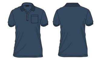 Short sleeve polo Shirt Technical Fashion flat sketch Vector illustration navy blue Color template front and back views isolated on white background.