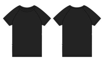 camiseta de manga corta raglán moda técnica croquis plano ilustración vectorial plantilla de color negro vistas frontal y posterior. vector