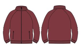 Long sleeve jacket with pocket and zipper technical fashion flat sketch vector illustration red Color template. Fleece jersey sweatshirt jacket for men's and boys