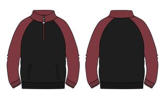 Two tone Red and Black Color Long sleeve jacket with pocket and zipper technical fashion flat sketch vector illustration template front, back views. Fleece jersey sweatshirt jacket for men's and boys