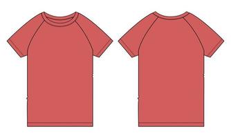 camiseta de manga corta raglán moda técnica boceto plano ilustración vectorial plantilla de color rojo vistas frontal y posterior. vector