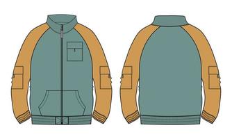 chaqueta de manga larga de color verde y amarillo de dos tonos vistas frontales y traseras de la plantilla de ilustración vectorial de boceto plano de moda técnica. vector