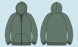 Long sleeve Hoodie technical fashion flat sketch vector illustration Green Color template front and back views.