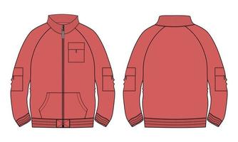 chaqueta de manga larga moda técnica boceto plano ilustración vectorial plantilla de color rojo vistas frontal y posterior. vector