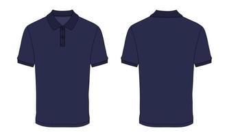 Short Sleeve Polo shirt Fashion Flat sketch vector illustration Navy color template Front And Back views isolated on white background.