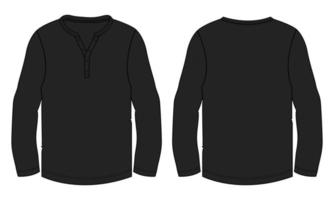 camiseta de manga larga moda técnica boceto plano ilustración vectorial plantilla negra plantilla vistas frontal y posterior vector