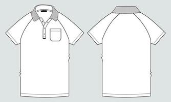 Vista frontal y posterior de la plantilla de ilustración vectorial de boceto plano de moda técnica de camiseta polo raglán de manga corta. vector