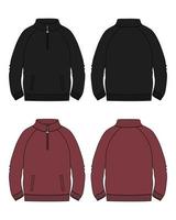 Long sleeve jacket with pocket and zipper technical fashion flat sketch vector illustration Black and red Color template front and back views. Fleece jersey sweatshirt jacket for men's and boys.