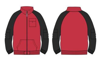 Two tone Red And Black Color Long sleeve jacket technical fashion flat sketch vector illustration template Front and back views.