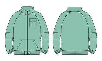 Long sleeve jacket  technical fashion flat sketch vector illustration Green color template Front and back views.