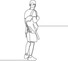 Continuous one line drawing Young traveling backpacker with cap. Happy travelling. Single line draw design vector graphic illustration.