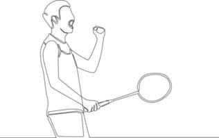 Continuous one line drawing Young man after playing badminton standing as winner. Single line draw design vector graphic illustration.