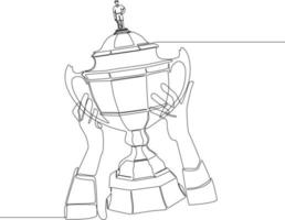 Single continuous line drawing hands holding badminton trophy.  Badminton championship. victory trophy. Trendy one line draw design vector illustration for badminton tournament.