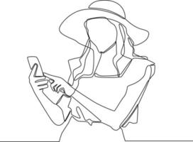 Continuous one line drawing Female tourist with travel hat checking smartphone about the destination. Happy travelling. Single line draw design vector graphic illustration.