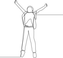 Single continuous line drawing of happy schoolboy style with bag and jump. End of school. Education concept one line draw design graphic vector illustration.